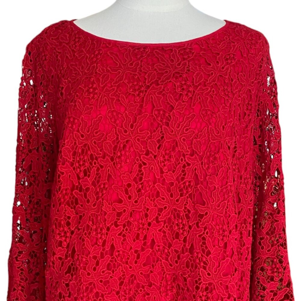 Talbots Red Scroll Floral Lace Overlay Top 3/4 Sleeve Scalloped Whimsigoth-18W - Picture 3 of 15